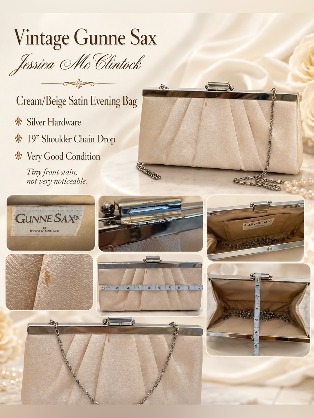 Vintage Gunne Sax Jessica McClintock Cream Satin Pleated Evening Clutch